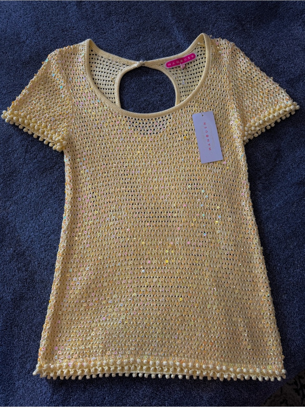 NWT SZ M Manoush Yellow Sequined Crochet Top